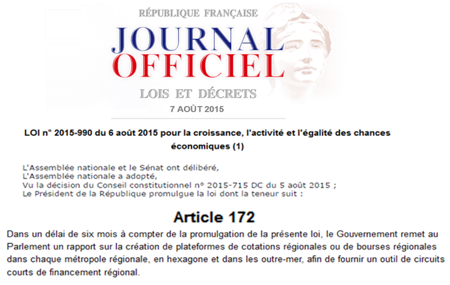Assemblée Nationale loi du 6 août 2015 sur les bourses des valeurs régionales