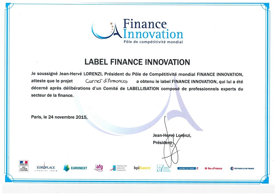 Le concept « Carnet d’annonces électronique » inédit a reçu le label #FinTech #FinanceInnovation