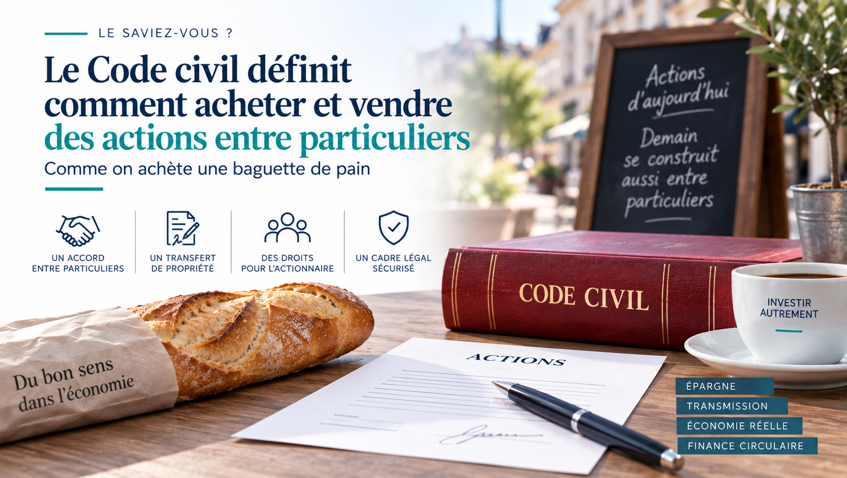Le Code Civil définit comment acheter et vendre des actions entre particuliers, comme on achète une baguette de pain