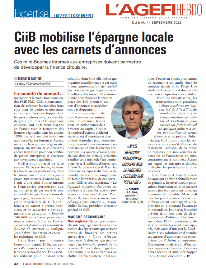 L'Agefi - CiiB mobilise l’épargne locale avec les Carnets d’Annonces